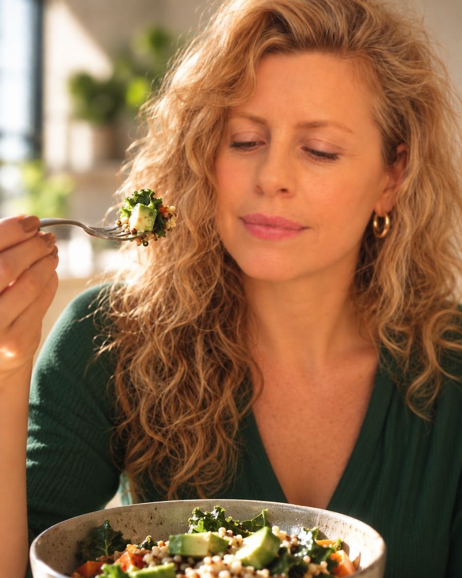 Mujer comiendo con consciencia