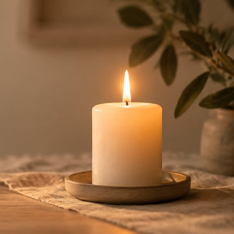 Vela encendida sobre una mesa de madera